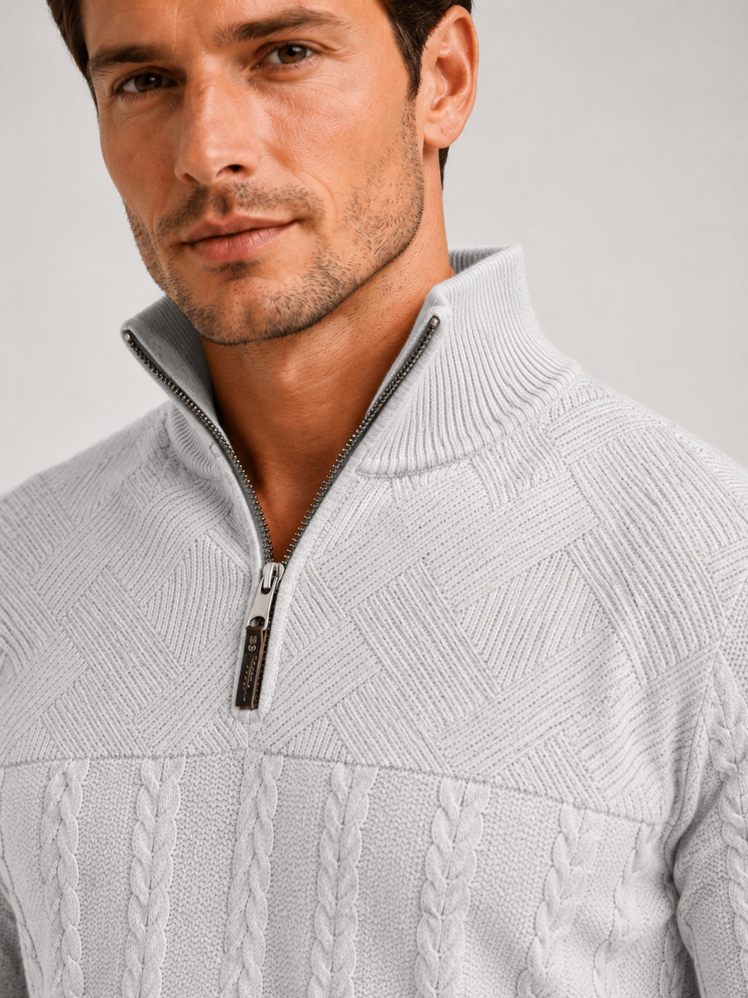 Men’s Quarter Zip Jumper Jacquard Long Sleeve Warm Autumn Winter Pullover for Casual and Everyday Wear