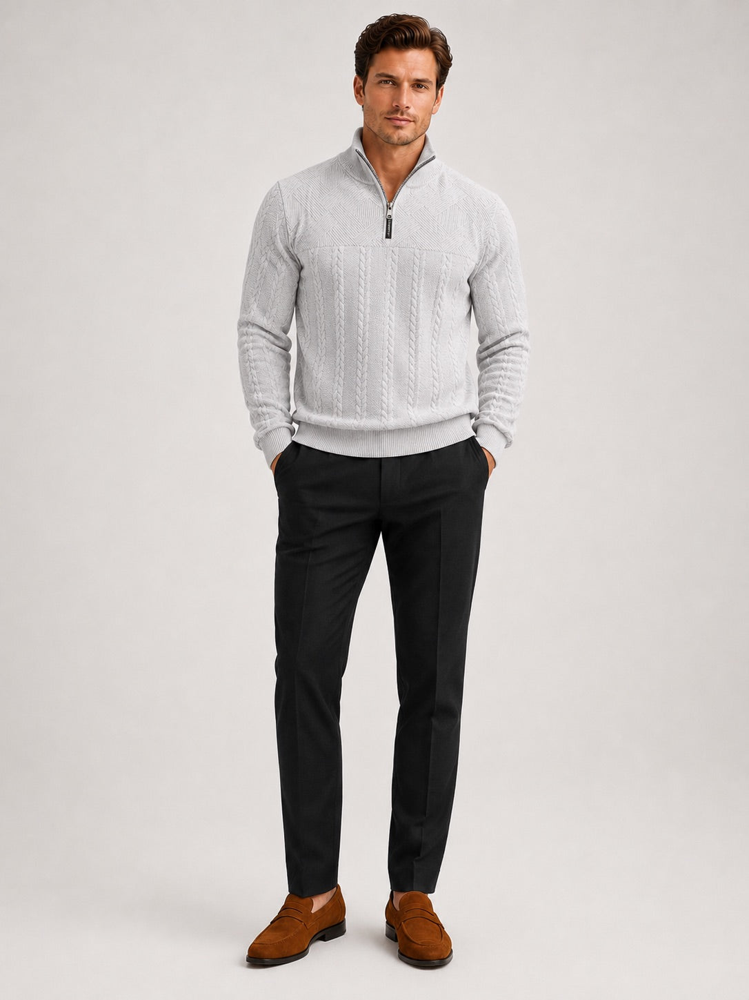 Men’s Quarter Zip Jumper Jacquard Long Sleeve Warm Autumn Winter Pullover for Casual and Everyday Wear