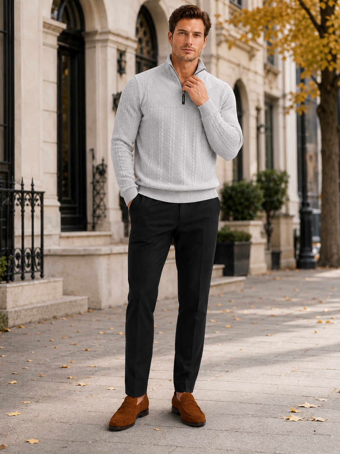 Men’s Quarter Zip Jumper Jacquard Long Sleeve Warm Autumn Winter Pullover for Casual and Everyday Wear