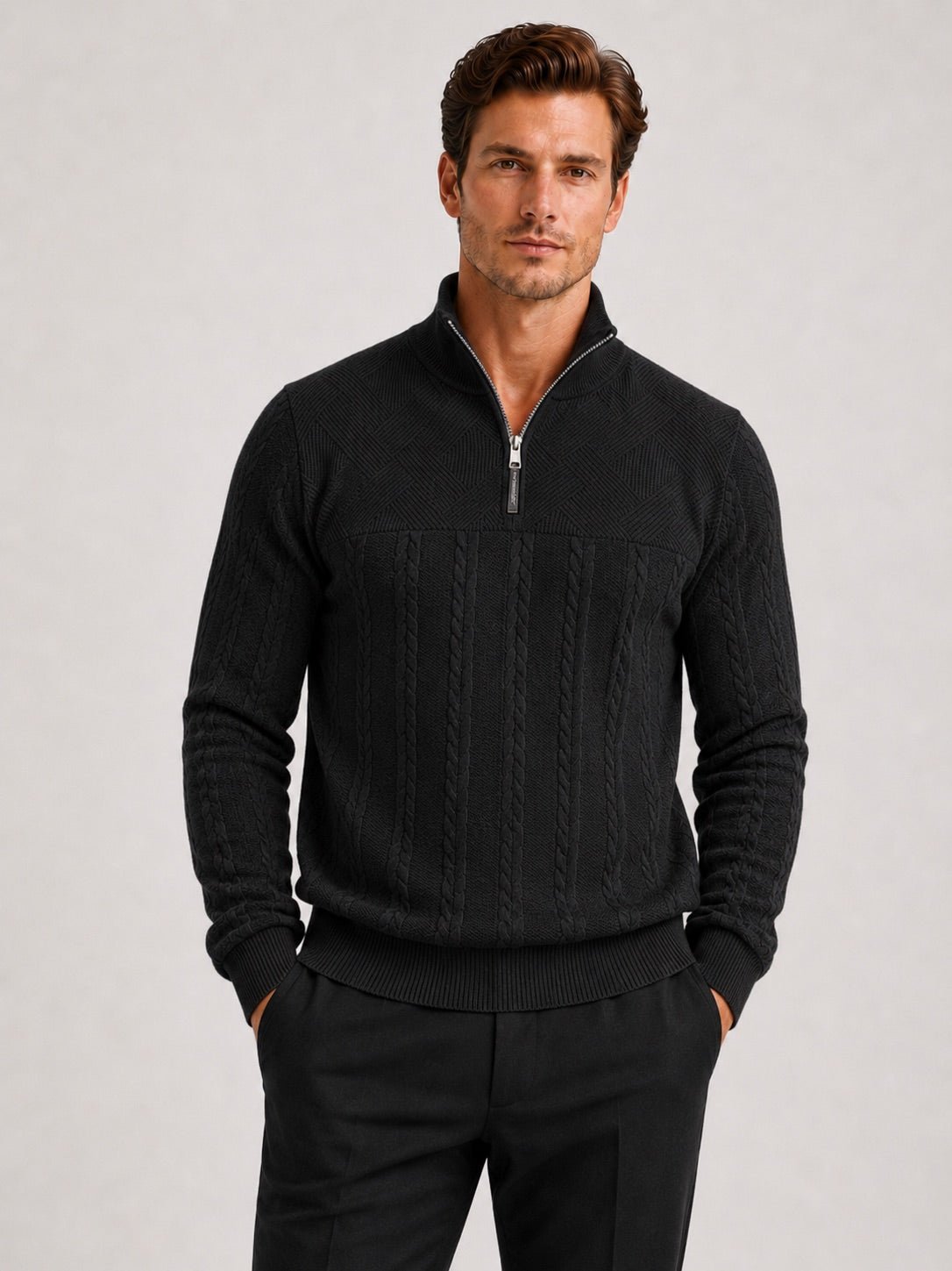 Men’s Quarter Zip Jumper Jacquard Long Sleeve Warm Autumn Winter Pullover for Casual and Everyday Wear