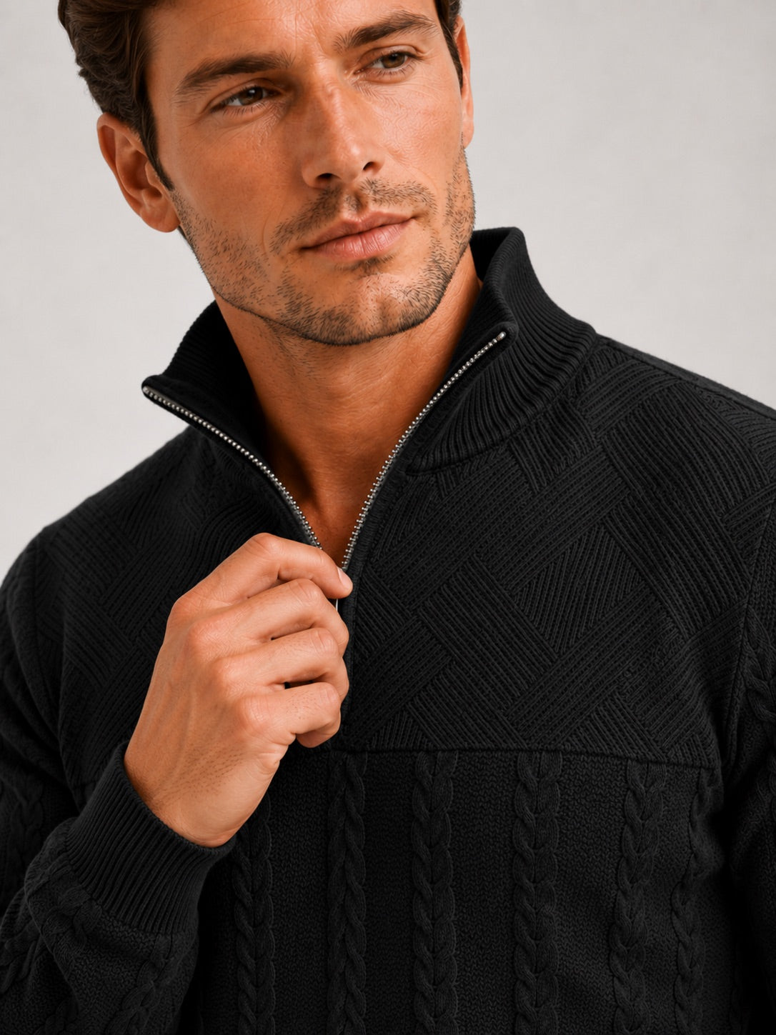 Men’s Quarter Zip Jumper Jacquard Long Sleeve Warm Autumn Winter Pullover for Casual and Everyday Wear