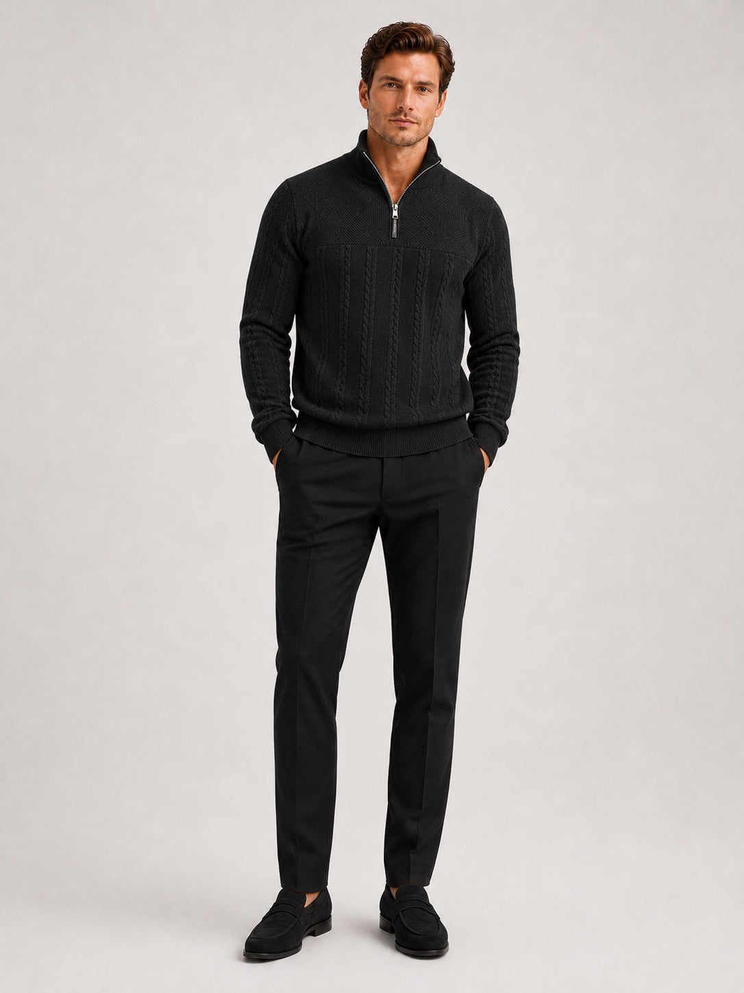 Men’s Quarter Zip Jumper Jacquard Long Sleeve Warm Autumn Winter Pullover for Casual and Everyday Wear