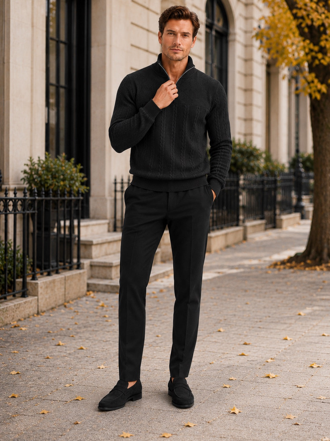 Men’s Quarter Zip Jumper Jacquard Long Sleeve Warm Autumn Winter Pullover for Casual and Everyday Wear