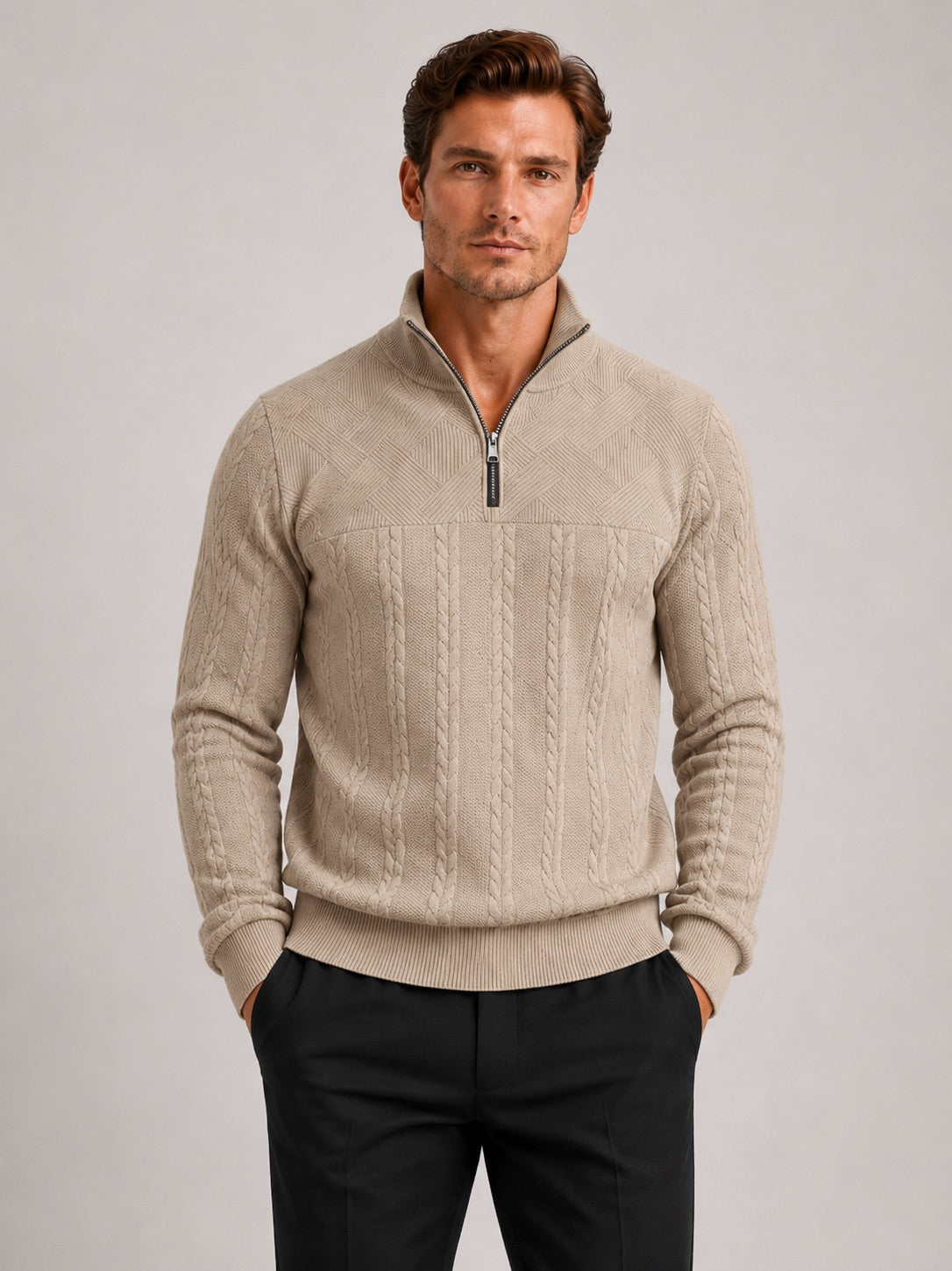 Men’s Quarter Zip Jumper Jacquard Long Sleeve Warm Autumn Winter Pullover for Casual and Everyday Wear