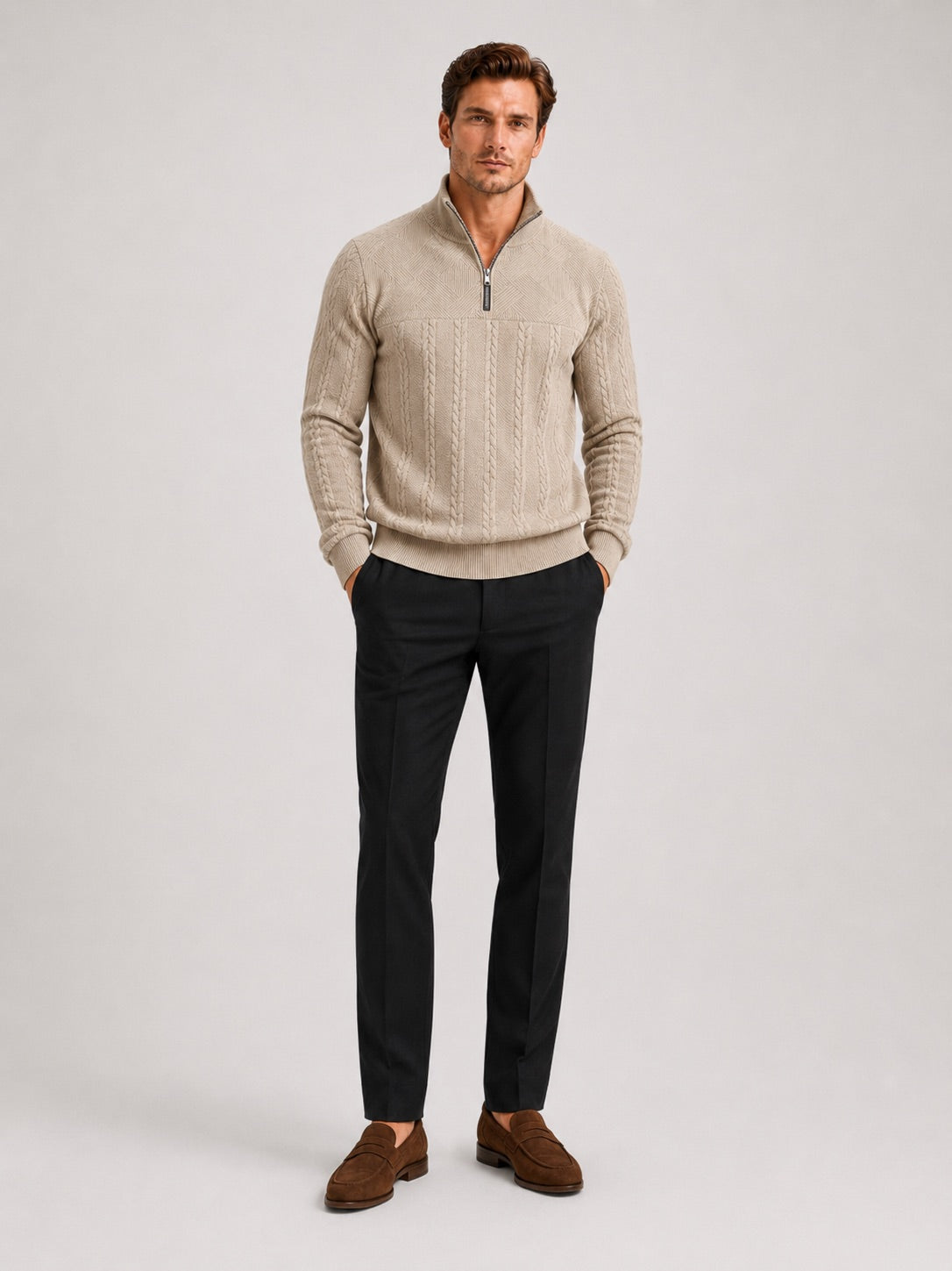 Men’s Quarter Zip Jumper Jacquard Long Sleeve Warm Autumn Winter Pullover for Casual and Everyday Wear