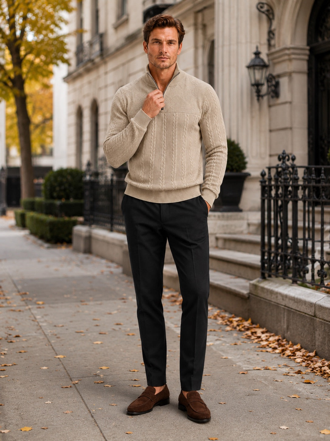 Men’s Quarter Zip Jumper Jacquard Long Sleeve Warm Autumn Winter Pullover for Casual and Everyday Wear