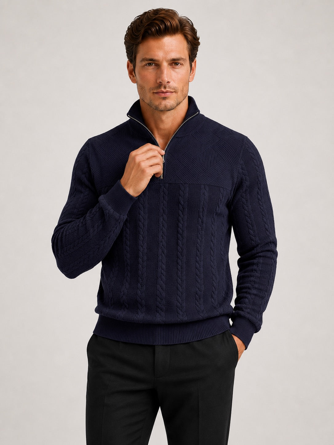 Men’s Quarter Zip Jumper Jacquard Long Sleeve Warm Autumn Winter Pullover for Casual and Everyday Wear
