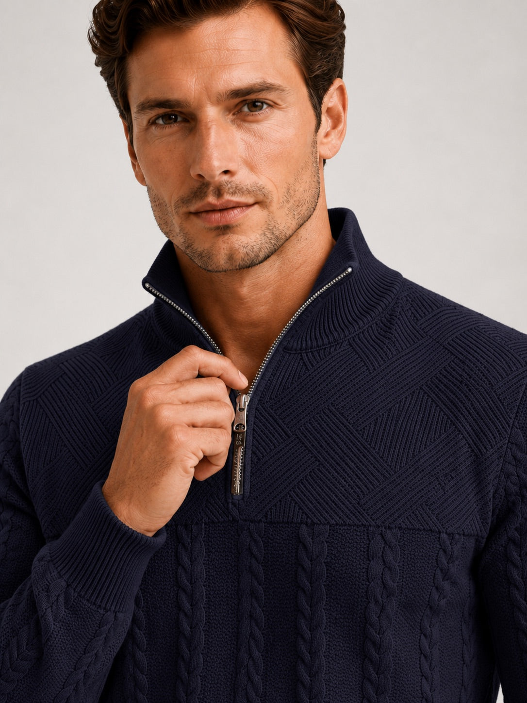 Men’s Quarter Zip Jumper Jacquard Long Sleeve Warm Autumn Winter Pullover for Casual and Everyday Wear