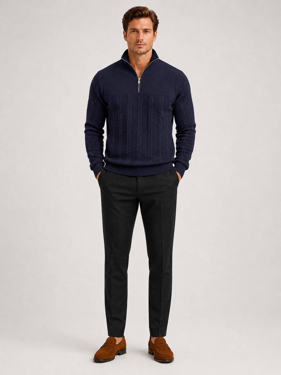 Men’s Quarter Zip Jumper Jacquard Long Sleeve Warm Autumn Winter Pullover for Casual and Everyday Wear
