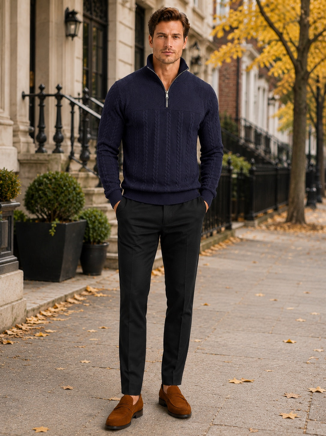 Men’s Quarter Zip Jumper Jacquard Long Sleeve Warm Autumn Winter Pullover for Casual and Everyday Wear