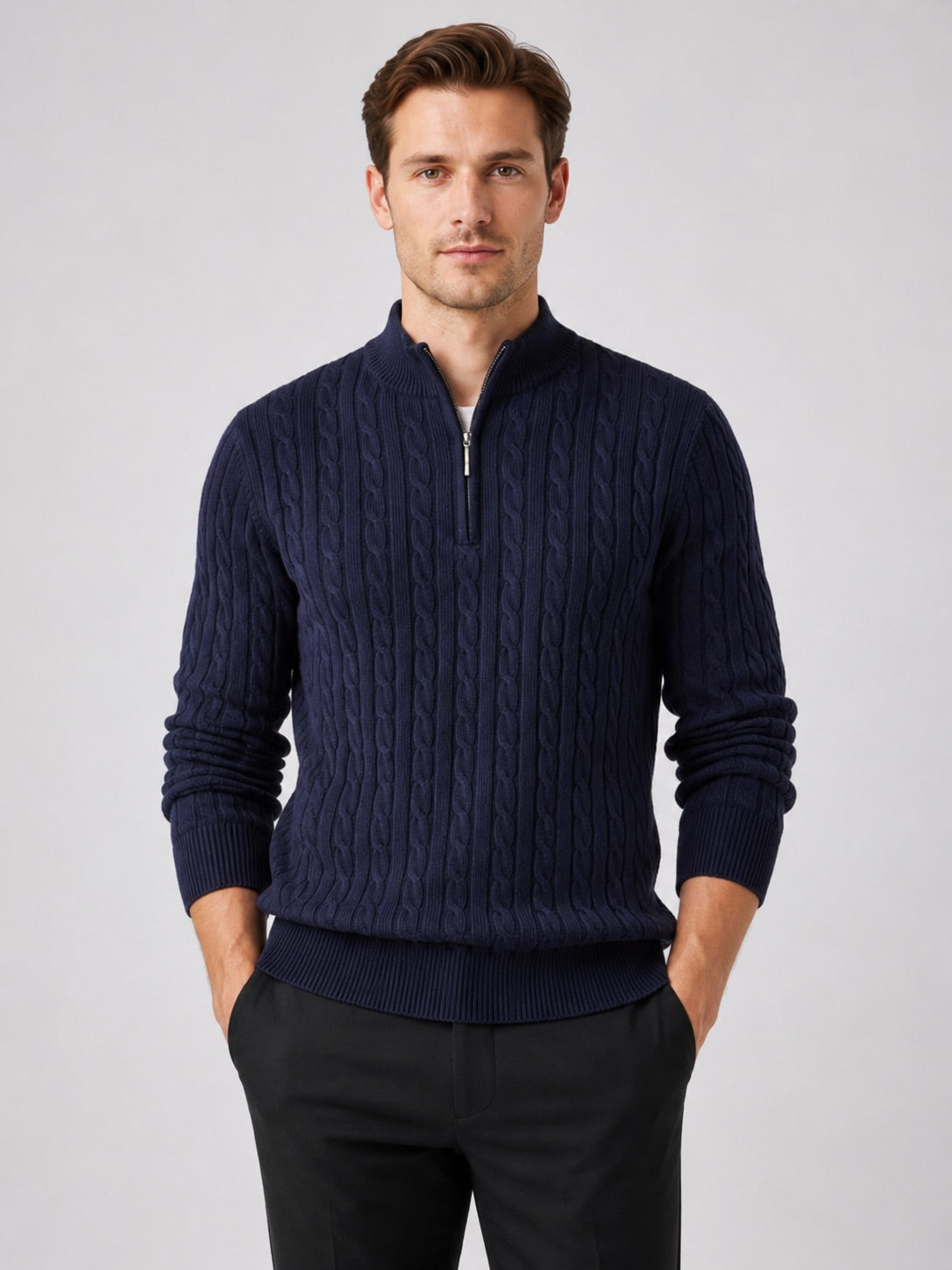 Men’s Cable Knit Quarter Zip Jumper Mock Neck Thick Warm Autumn Winter Pullover for Business Casual and Everyday Wear