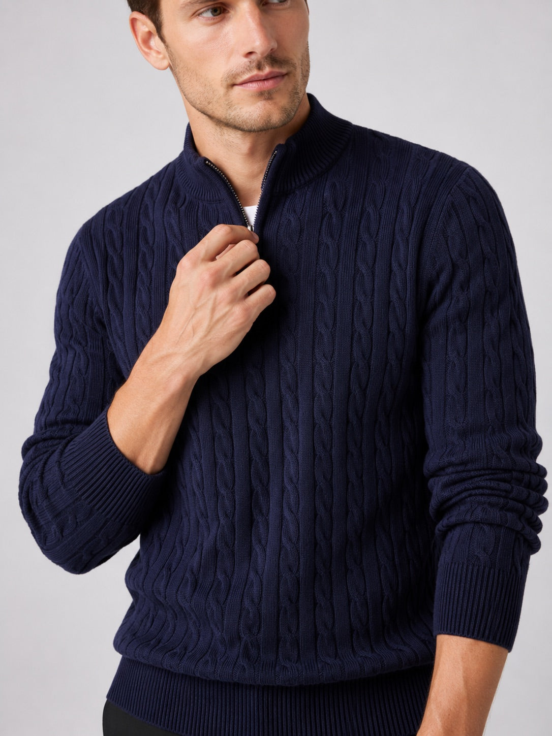 Men’s Cable Knit Quarter Zip Jumper Mock Neck Thick Warm Autumn Winter Pullover for Business Casual and Everyday Wear
