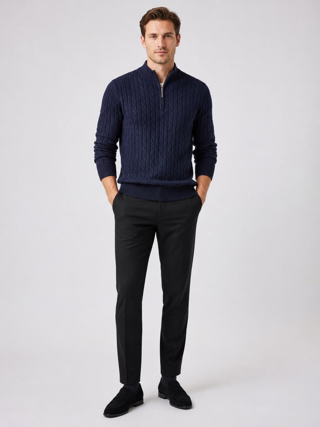 Men’s Cable Knit Quarter Zip Jumper Mock Neck Thick Warm Autumn Winter Pullover for Business Casual and Everyday Wear