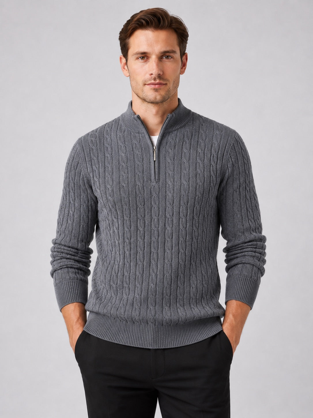 Men’s Cable Knit Quarter Zip Jumper Mock Neck Thick Warm Autumn Winter Pullover for Business Casual and Everyday Wear