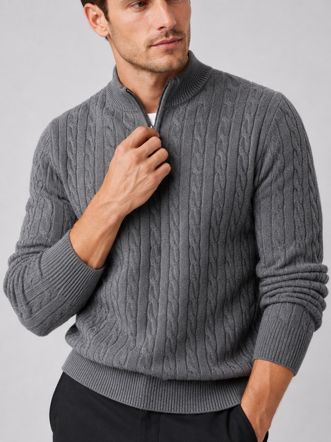 Men’s Cable Knit Quarter Zip Jumper Mock Neck Thick Warm Autumn Winter Pullover for Business Casual and Everyday Wear