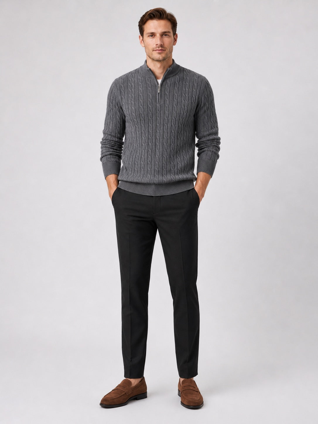 Men’s Cable Knit Quarter Zip Jumper Mock Neck Thick Warm Autumn Winter Pullover for Business Casual and Everyday Wear