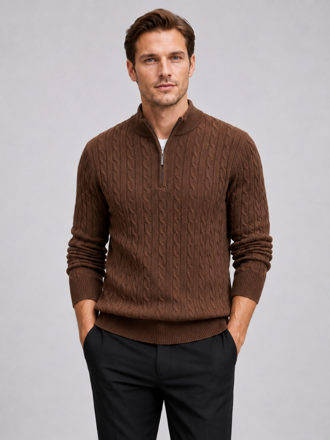 Men’s Cable Knit Quarter Zip Jumper Mock Neck Thick Warm Autumn Winter Pullover for Business Casual and Everyday Wear