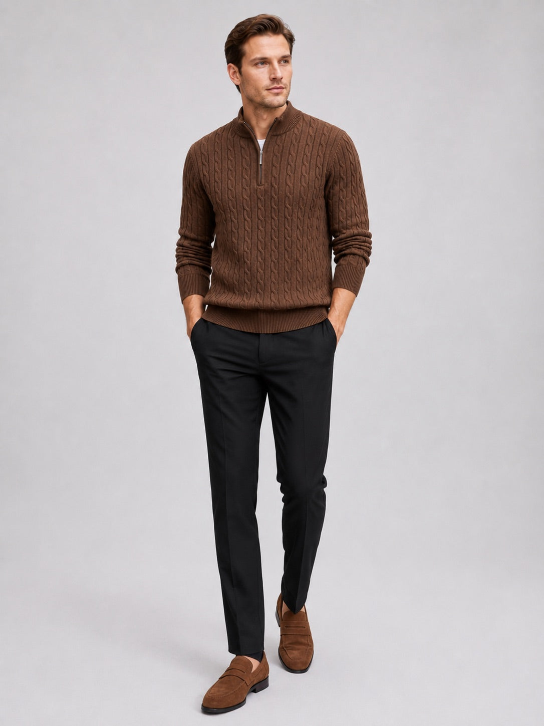 Men’s Cable Knit Quarter Zip Jumper Mock Neck Thick Warm Autumn Winter Pullover for Business Casual and Everyday Wear