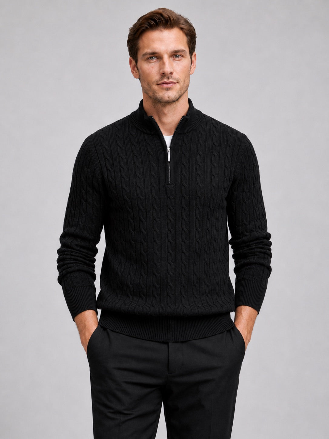 Men’s Cable Knit Quarter Zip Jumper Mock Neck Thick Warm Autumn Winter Pullover for Business Casual and Everyday Wear
