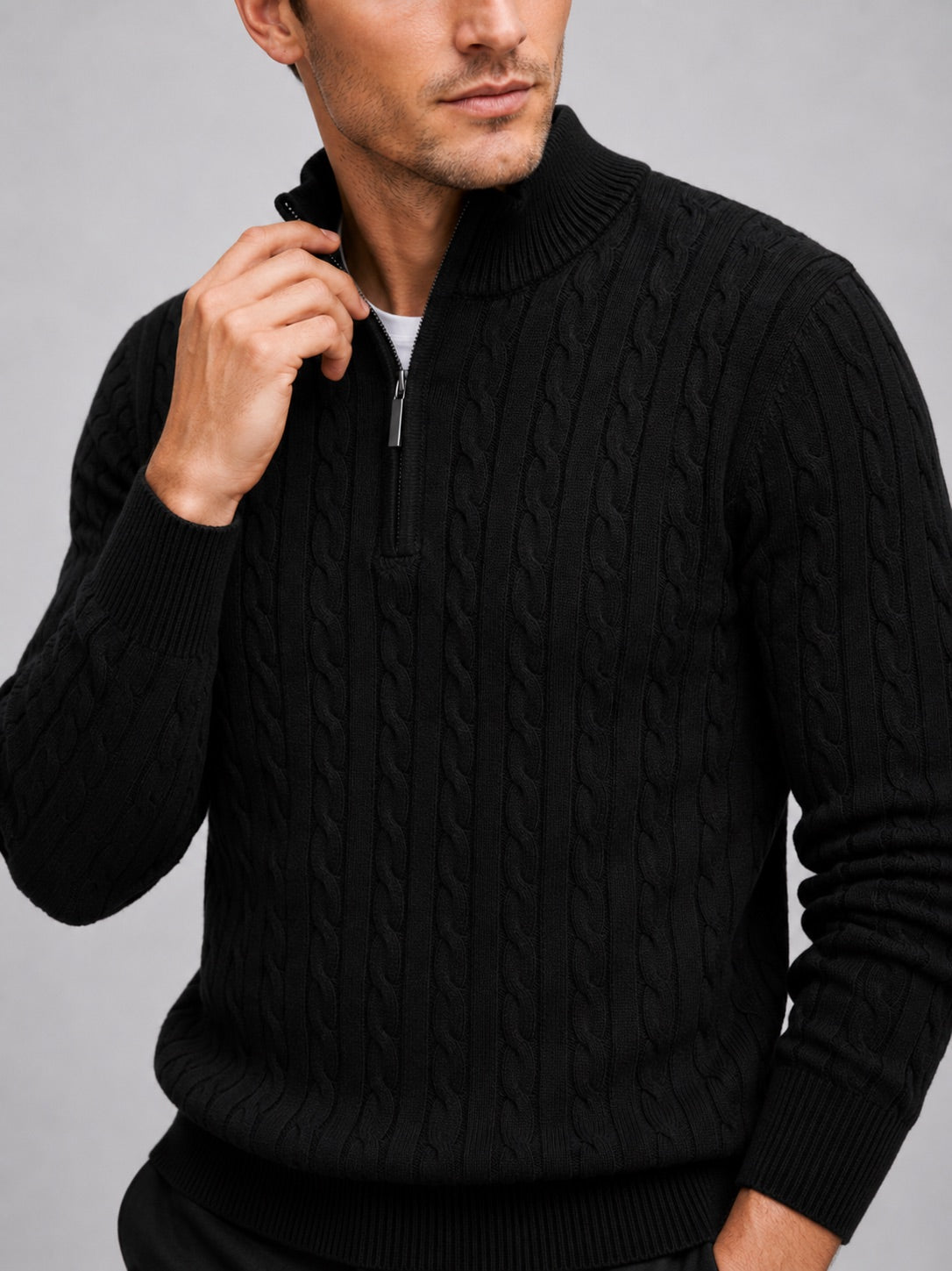 Men’s Cable Knit Quarter Zip Jumper Mock Neck Thick Warm Autumn Winter Pullover for Business Casual and Everyday Wear