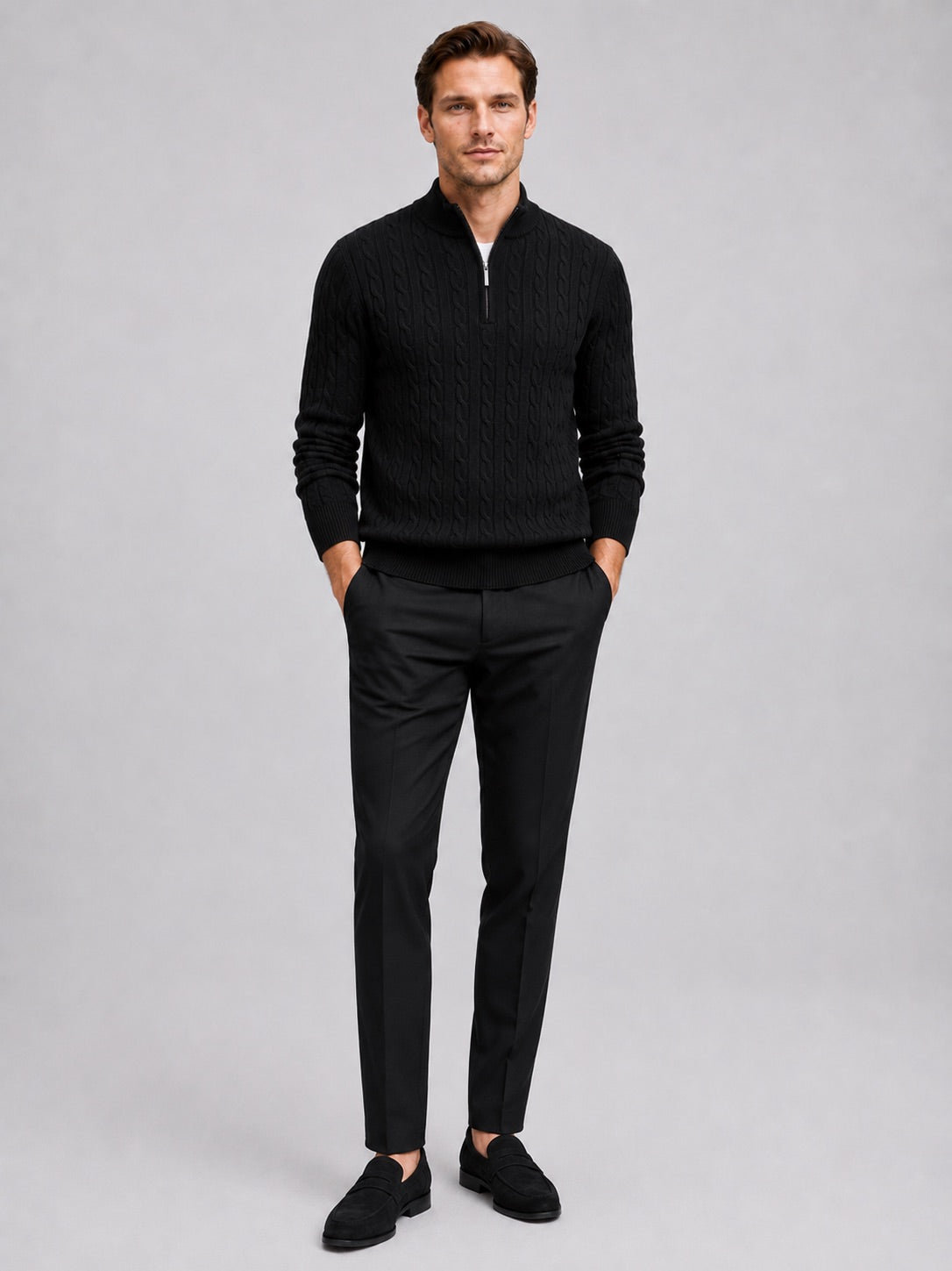 Men’s Cable Knit Quarter Zip Jumper Mock Neck Thick Warm Autumn Winter Pullover for Business Casual and Everyday Wear