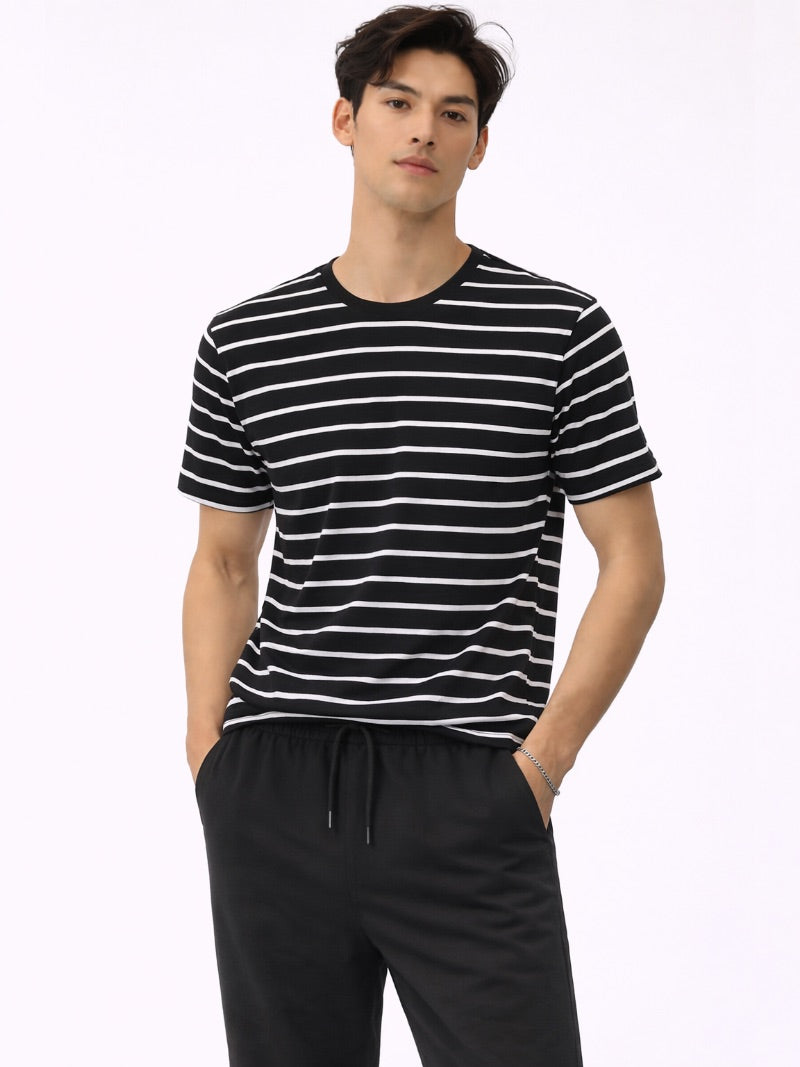 Men’s Striped Cotton T-Shirt Lightweight Breathable Casual Summer Tee Classic Essential for Weekend, Travel and Everyday Wear