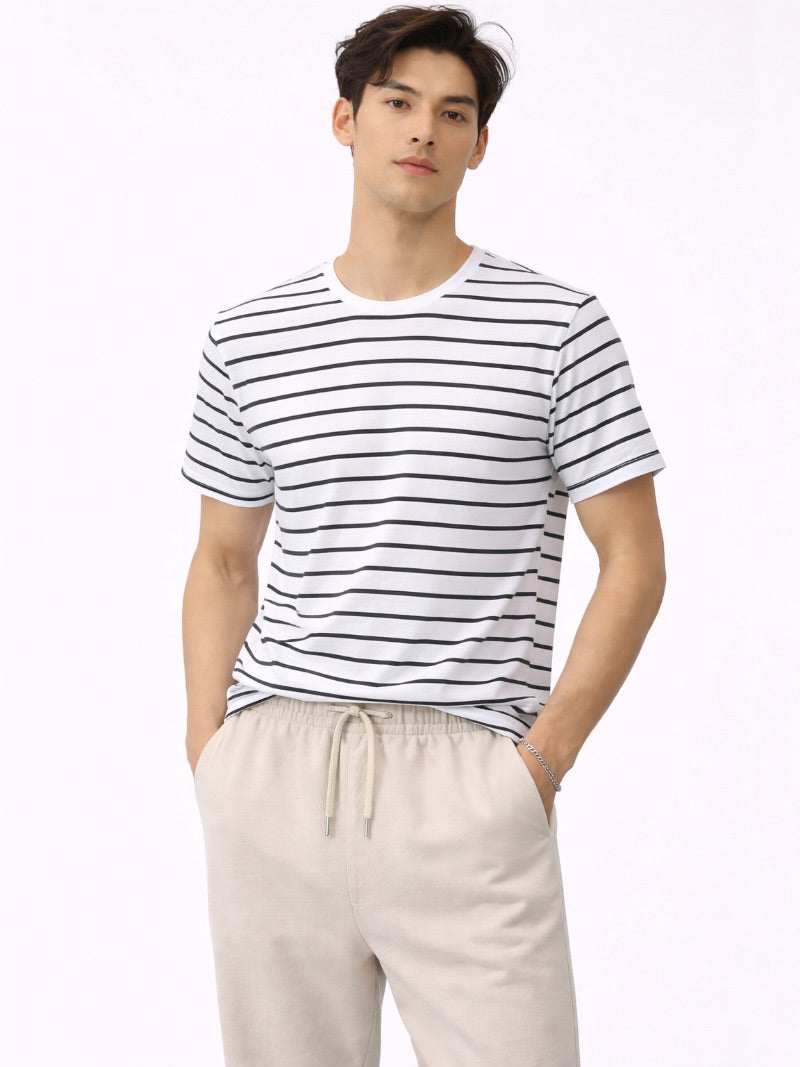 Men’s Striped Cotton T-Shirt Lightweight Breathable Casual Summer Tee Classic Essential for Weekend, Travel and Everyday Wear