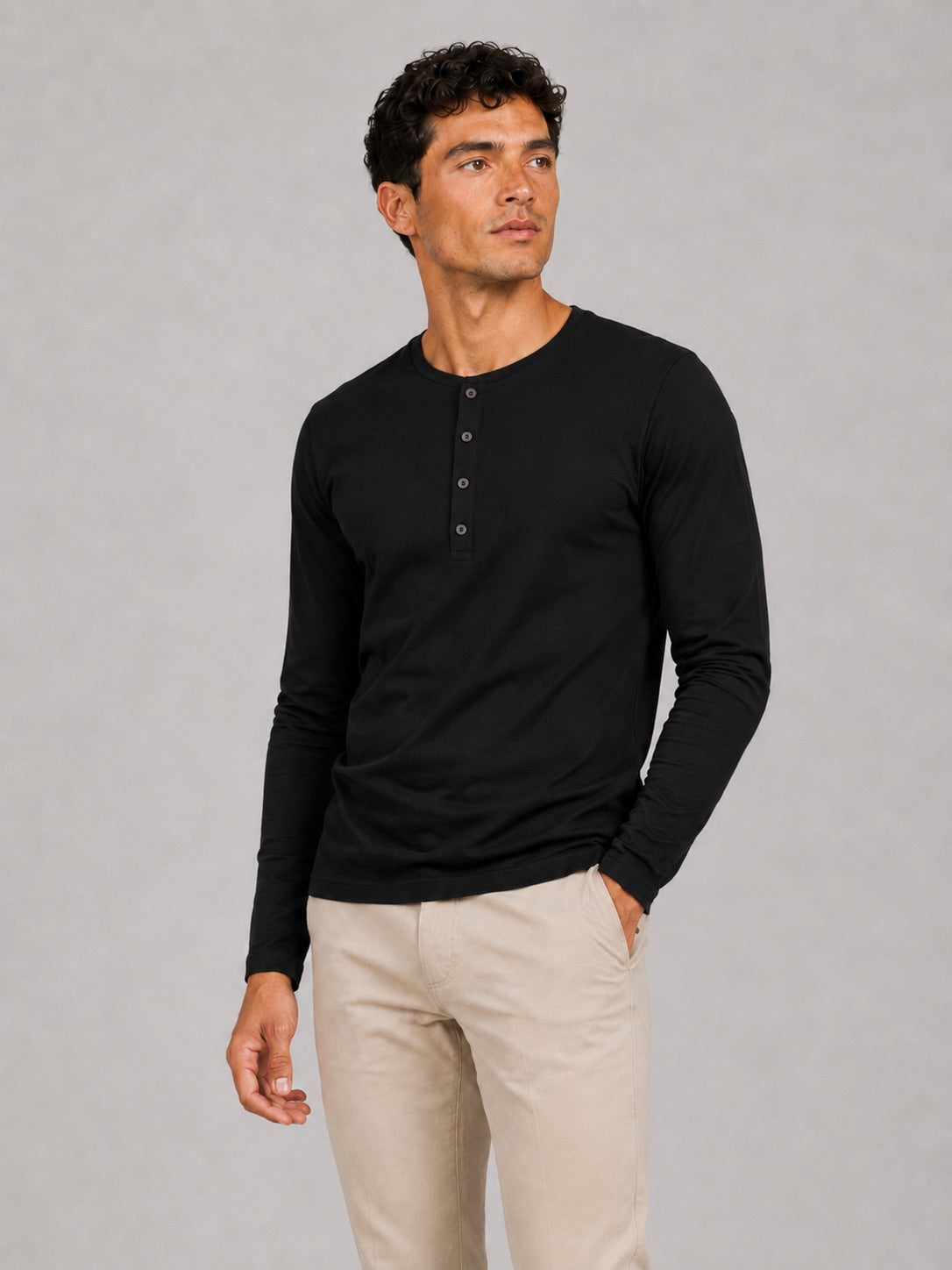 Men’s Fitted Henley Shirt Long Sleeve Solid Colour Spring Casual Basic Top