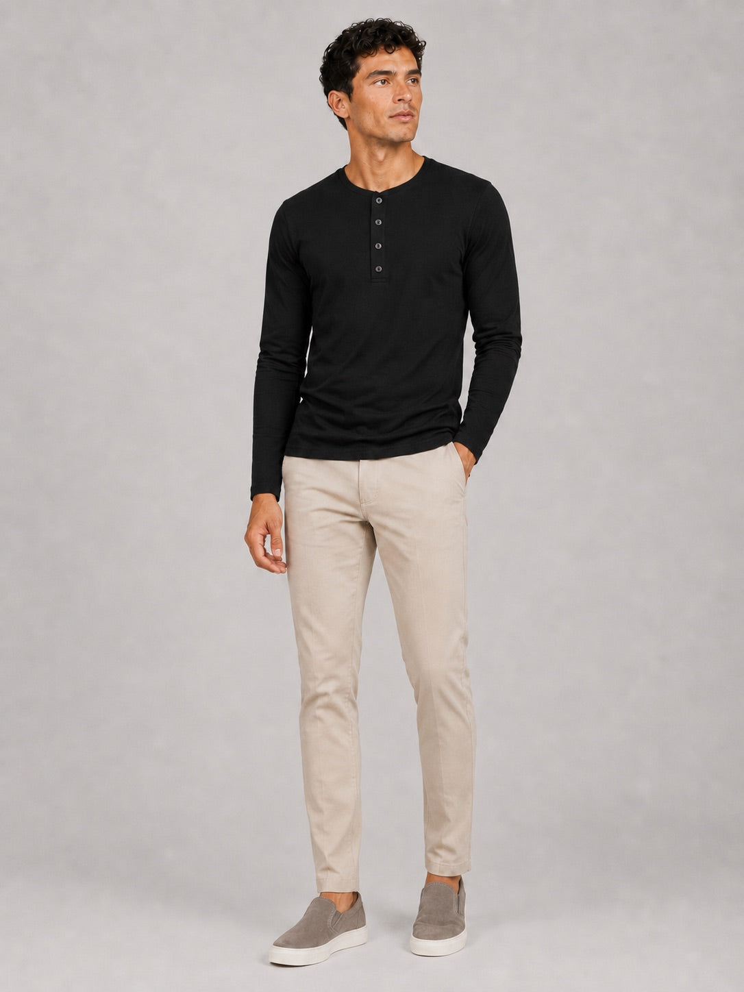 Men’s Fitted Henley Shirt Long Sleeve Solid Colour Spring Casual Basic Top