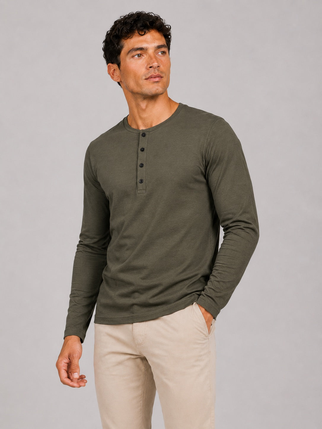Men’s Fitted Henley Shirt Long Sleeve Solid Colour Spring Casual Basic Top
