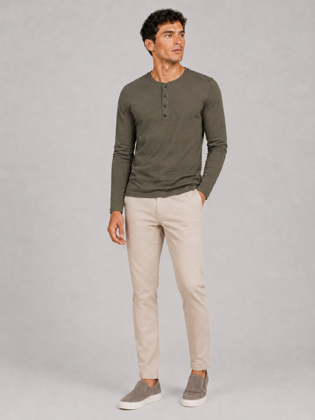 Men’s Fitted Henley Shirt Long Sleeve Solid Colour Spring Casual Basic Top