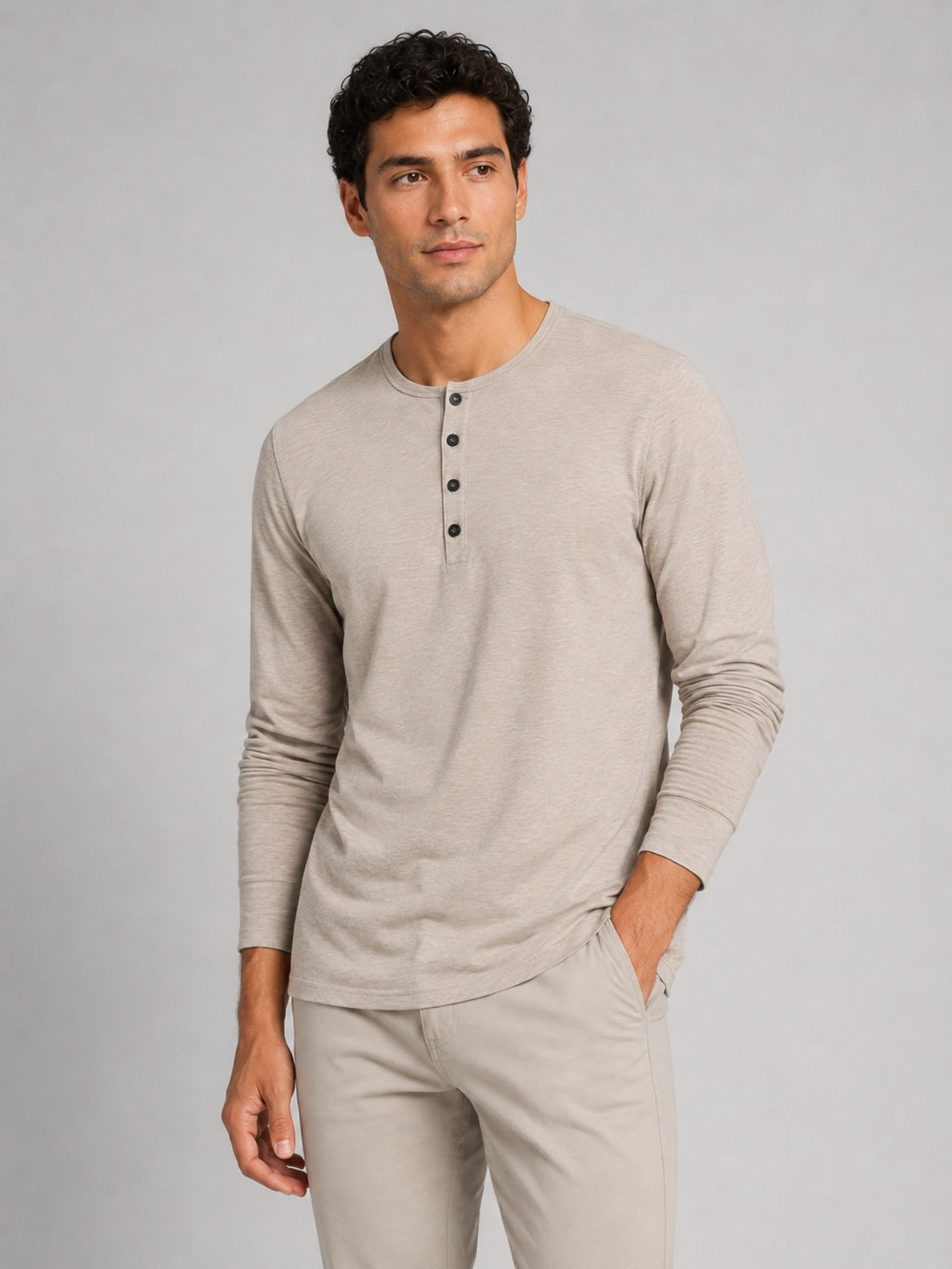 Men’s Fitted Henley Shirt Long Sleeve Solid Colour Spring Casual Basic Top