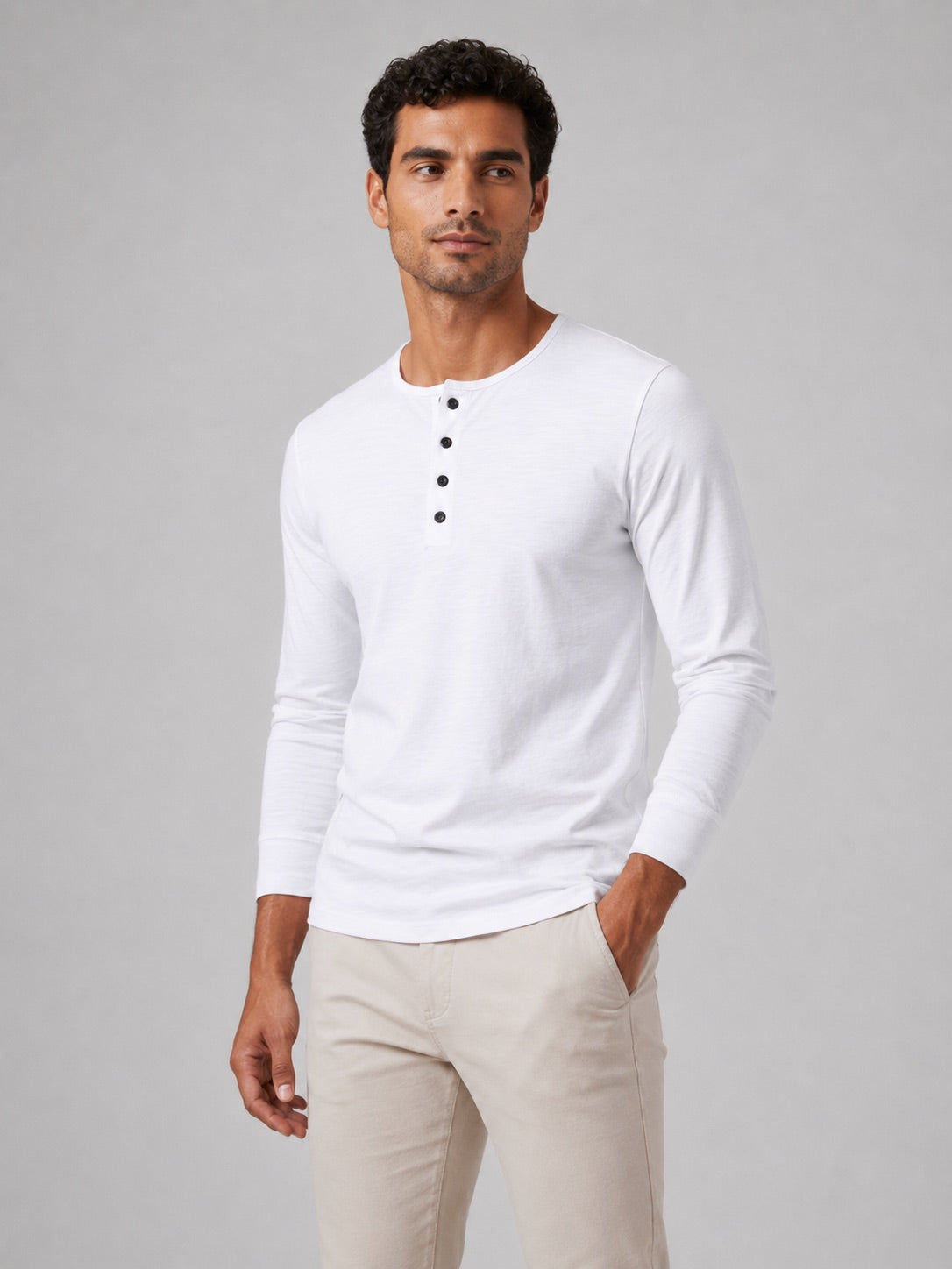 Men’s Fitted Henley Shirt Long Sleeve Solid Colour Spring Casual Basic Top