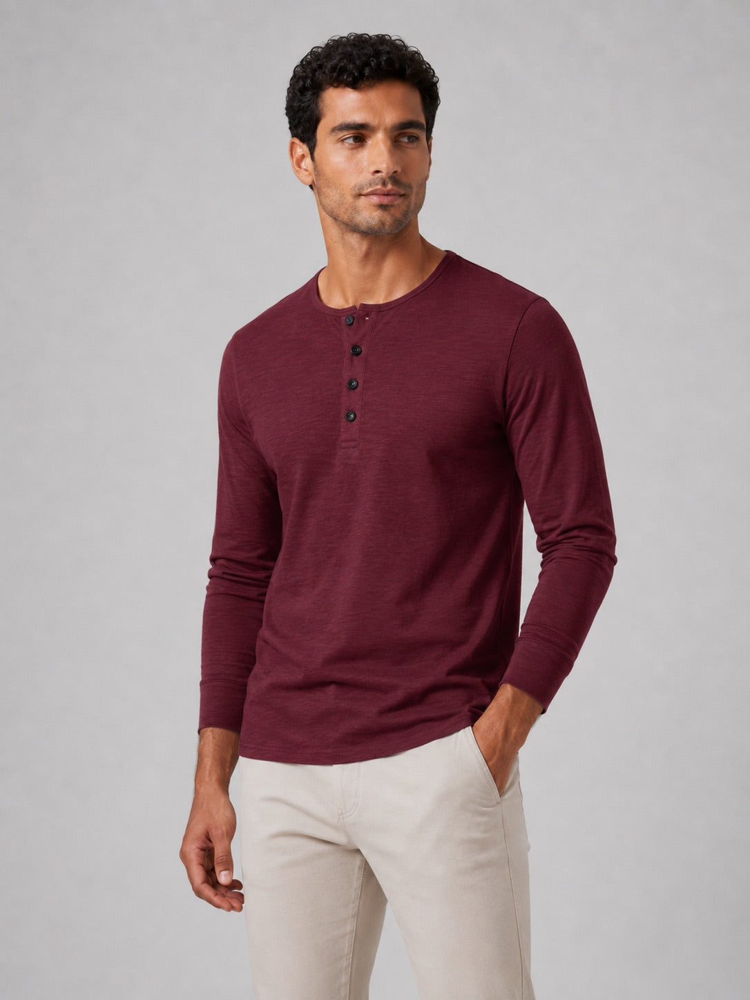 Men’s Fitted Henley Shirt Long Sleeve Solid Colour Spring Casual Basic Top