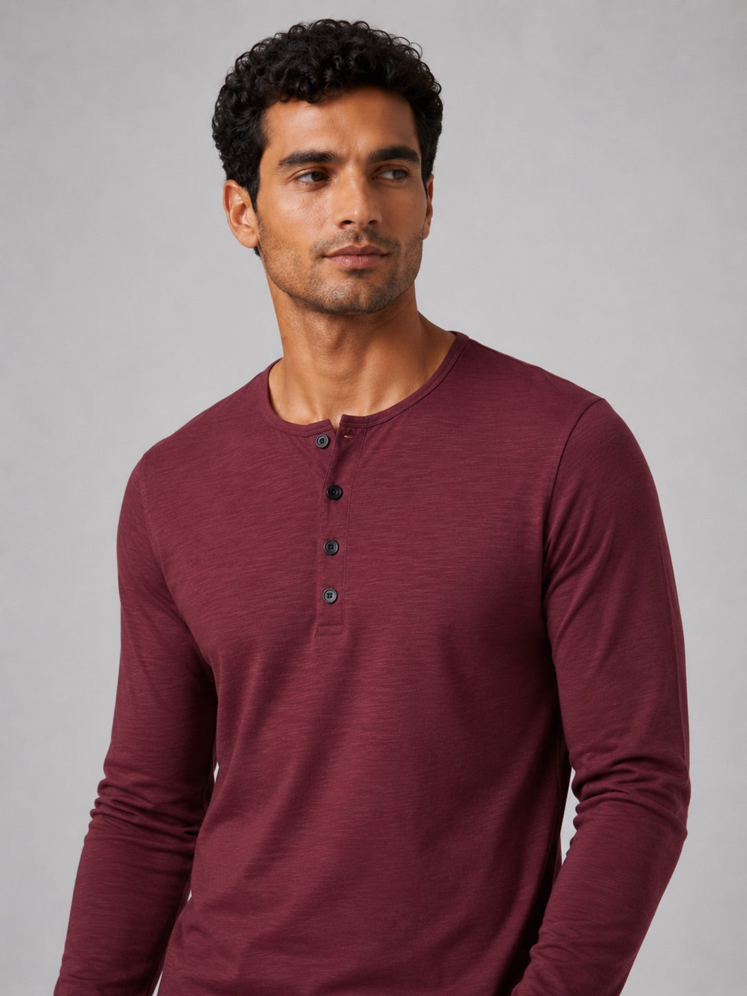 Men’s Fitted Henley Shirt Long Sleeve Solid Colour Spring Casual Basic Top