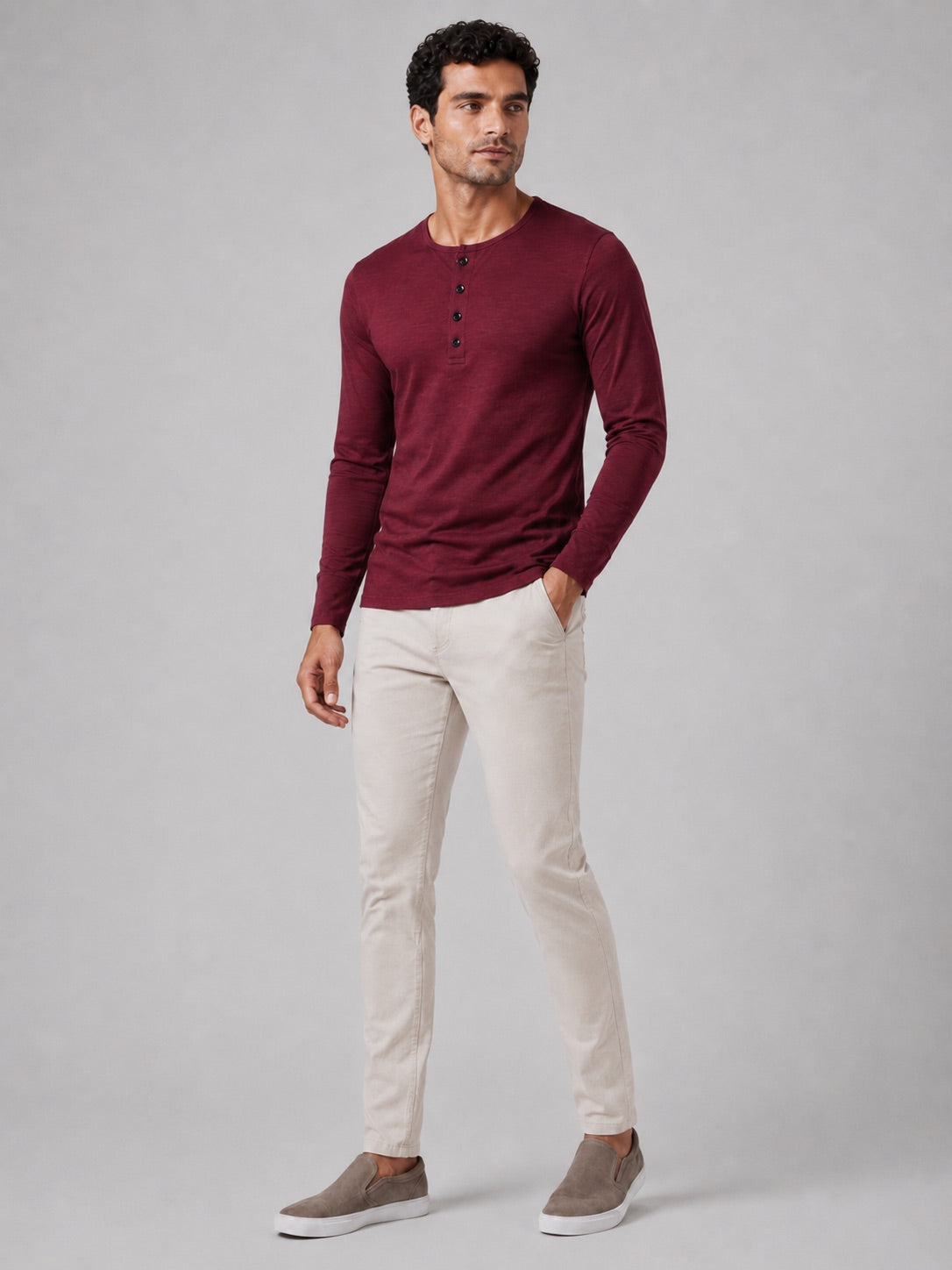 Men’s Fitted Henley Shirt Long Sleeve Solid Colour Spring Casual Basic Top