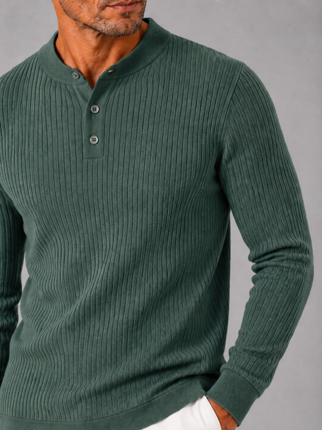 Men’s Ribbed Stripe Long Sleeve Henley Polo Shirt Slim Fit Autumn Winter Business Casual Top