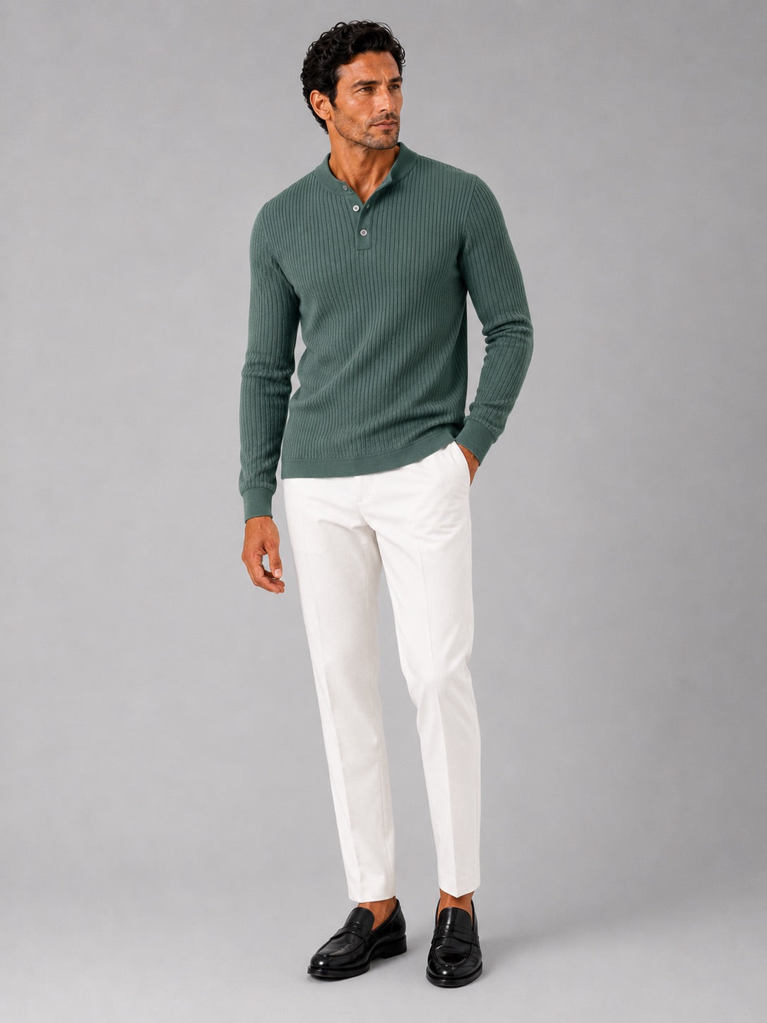 Men’s Ribbed Stripe Long Sleeve Henley Polo Shirt Slim Fit Autumn Winter Business Casual Top