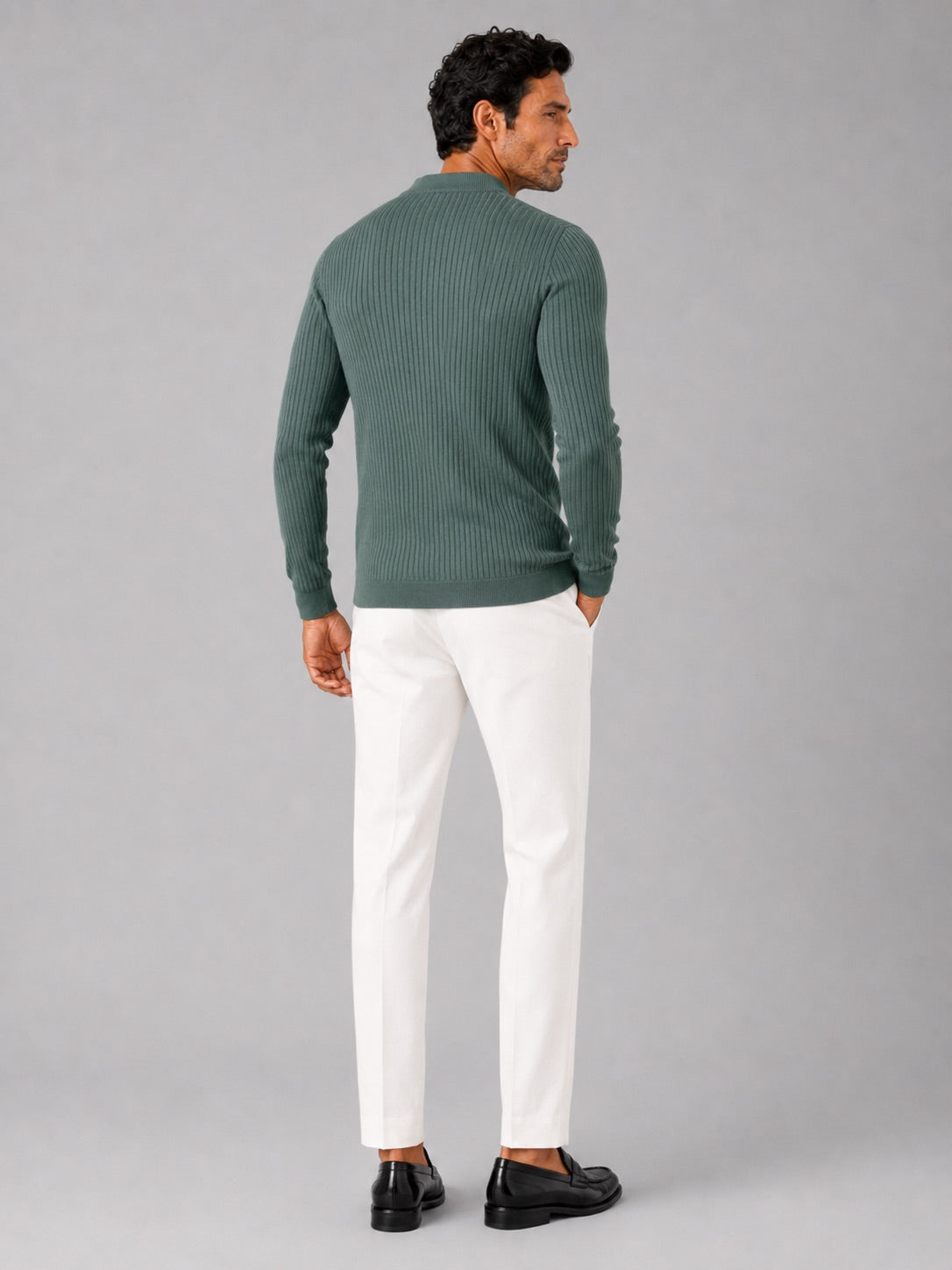 Men’s Ribbed Stripe Long Sleeve Henley Polo Shirt Slim Fit Autumn Winter Business Casual Top