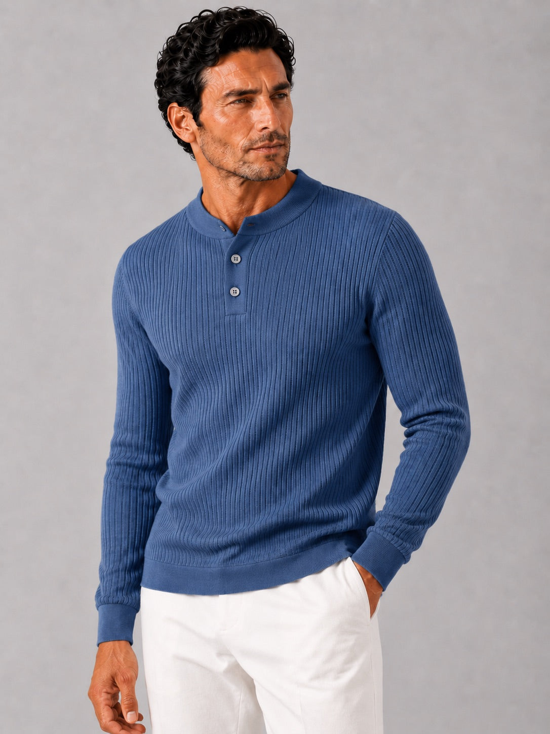 Men’s Ribbed Stripe Long Sleeve Henley Polo Shirt Slim Fit Autumn Winter Business Casual Top