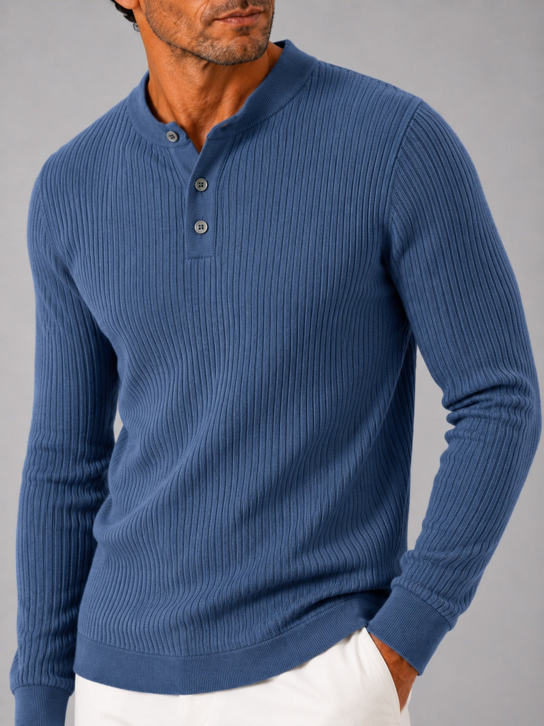 Men’s Ribbed Stripe Long Sleeve Henley Polo Shirt Slim Fit Autumn Winter Business Casual Top