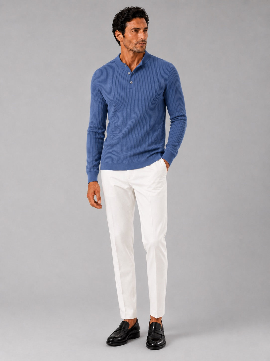 Men’s Ribbed Stripe Long Sleeve Henley Polo Shirt Slim Fit Autumn Winter Business Casual Top