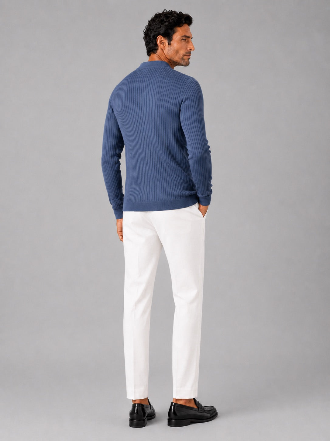 Men’s Ribbed Stripe Long Sleeve Henley Polo Shirt Slim Fit Autumn Winter Business Casual Top