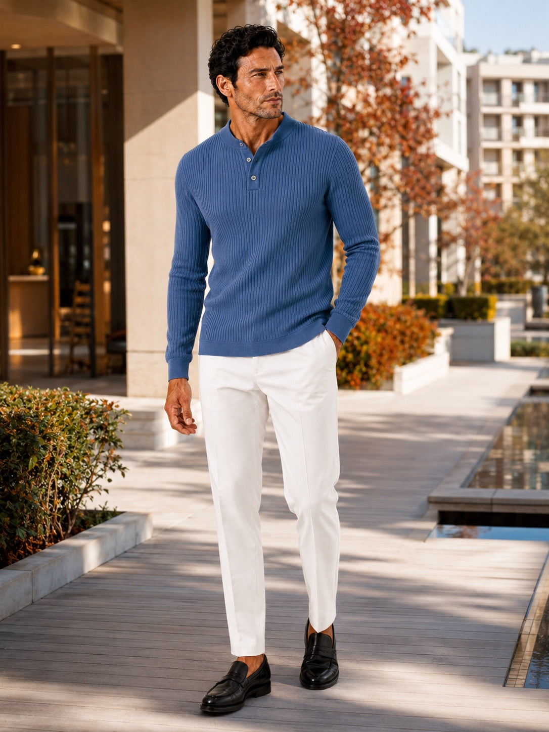 Men’s Ribbed Stripe Long Sleeve Henley Polo Shirt Slim Fit Autumn Winter Business Casual Top
