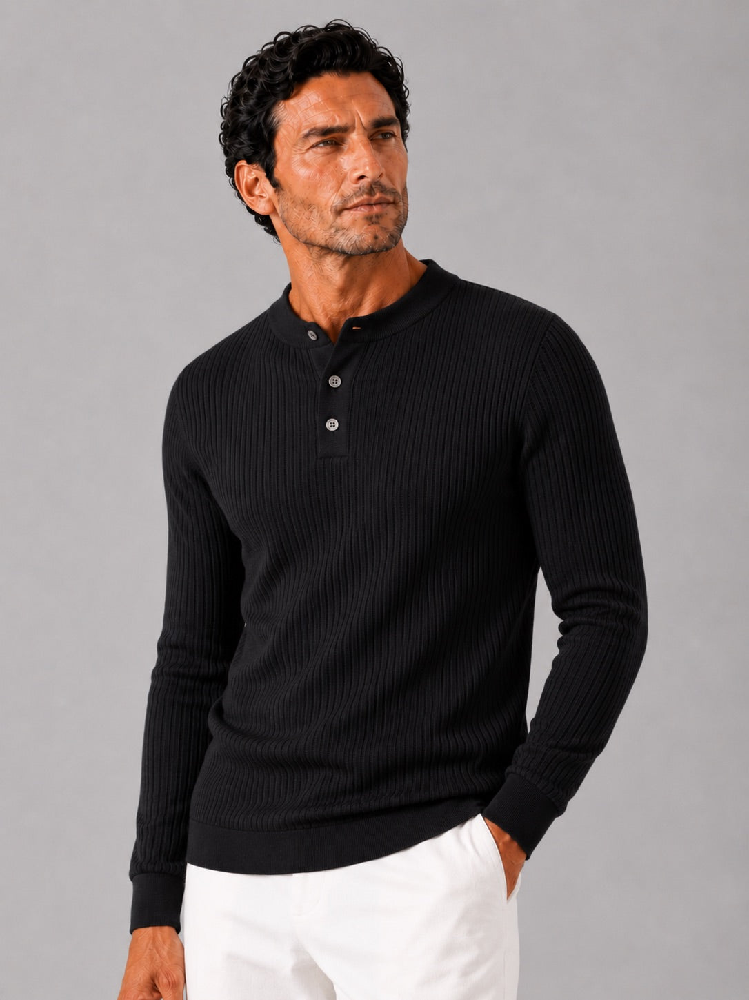 Men’s Ribbed Stripe Long Sleeve Henley Polo Shirt Slim Fit Autumn Winter Business Casual Top