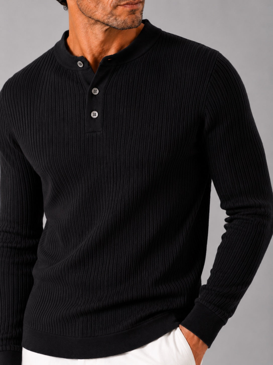 Men’s Ribbed Stripe Long Sleeve Henley Polo Shirt Slim Fit Autumn Winter Business Casual Top