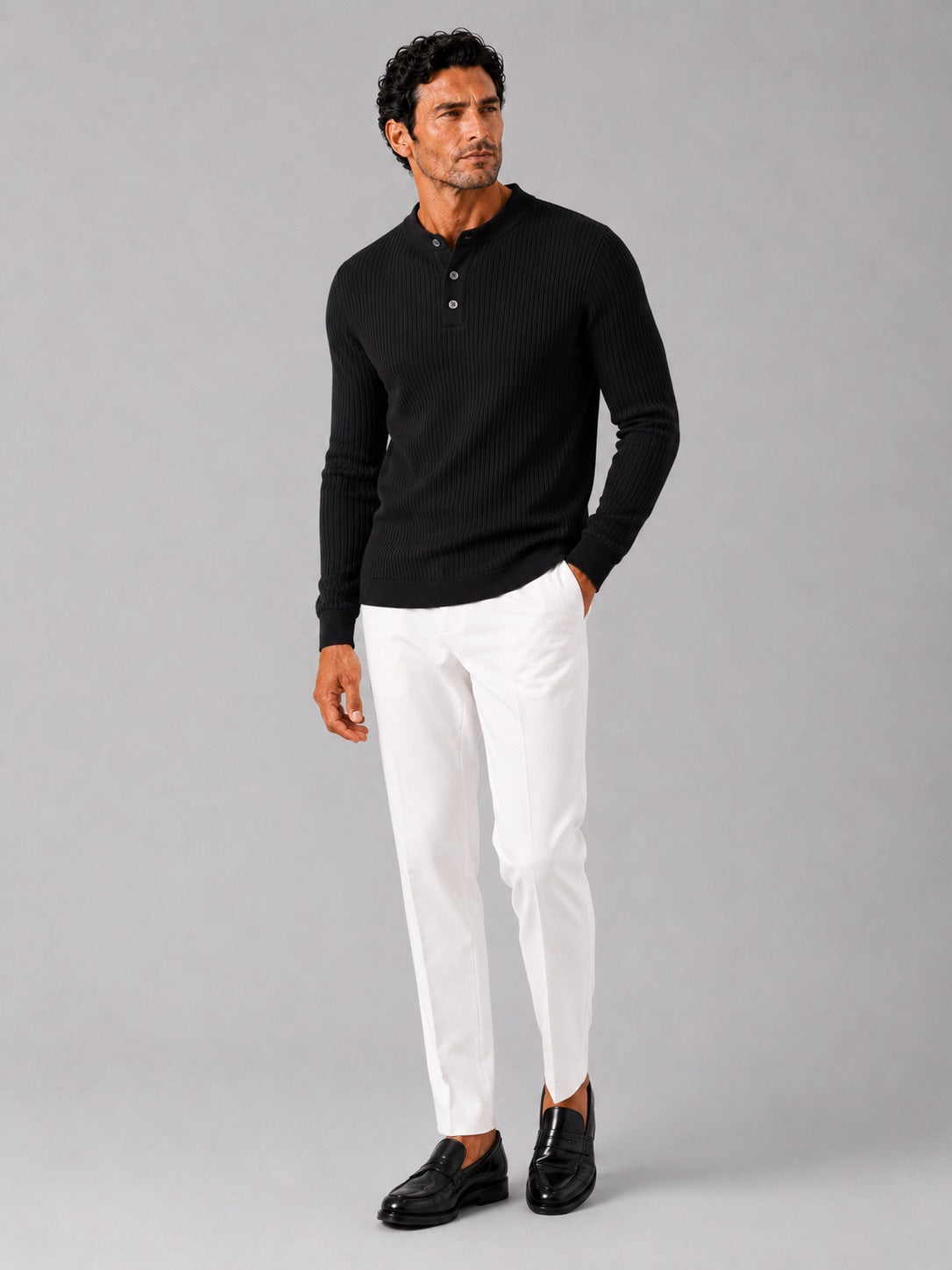 Men’s Ribbed Stripe Long Sleeve Henley Polo Shirt Slim Fit Autumn Winter Business Casual Top