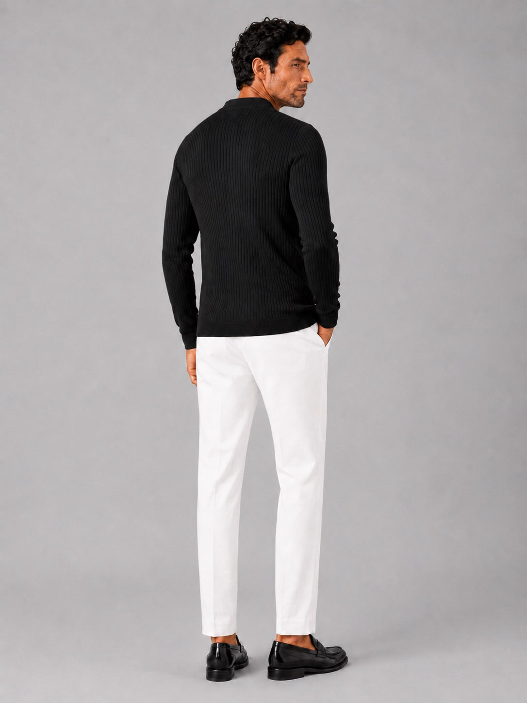 Men’s Ribbed Stripe Long Sleeve Henley Polo Shirt Slim Fit Autumn Winter Business Casual Top