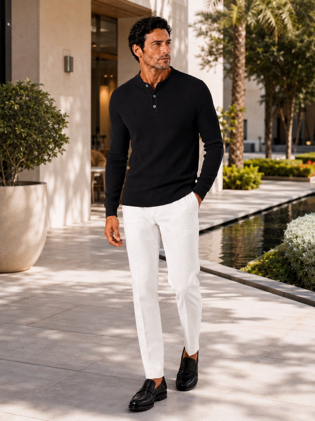 Men’s Ribbed Stripe Long Sleeve Henley Polo Shirt Slim Fit Autumn Winter Business Casual Top