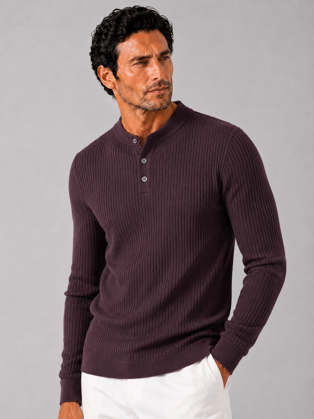 Men’s Ribbed Stripe Long Sleeve Henley Polo Shirt Slim Fit Autumn Winter Business Casual Top